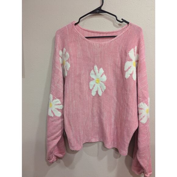 Cheerful pink knit sweater w/daisy graphic intentionally distressed size M (6) - Picture 1 of 7